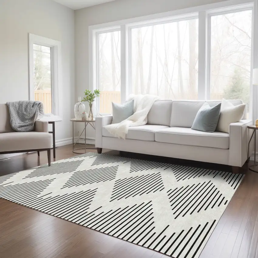 Ivory And Black Geometric Washable Indoor Outdoor Area Rug Photo 8