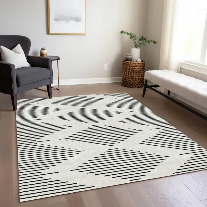 Ivory And Black Geometric Washable Indoor Outdoor Area Rug Photo 7