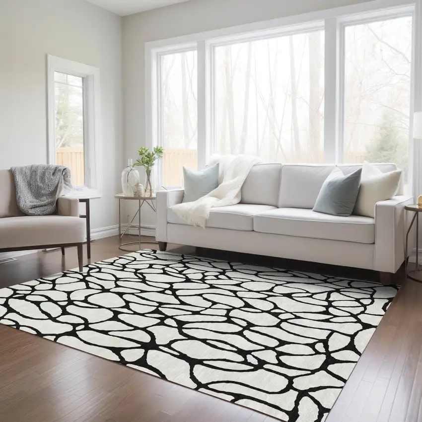 Ivory And Black Geometric Washable Indoor Outdoor Area Rug Photo 9