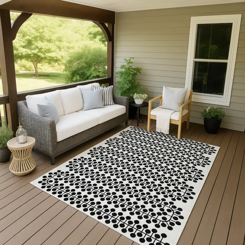 Ivory And Black Geometric Washable Indoor Outdoor Area Rug Photo 7