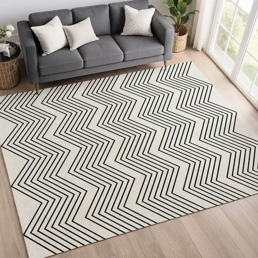Ivory And Black Geometric Washable Indoor Outdoor Area Rug Photo 5