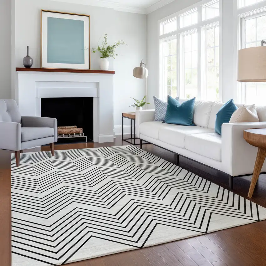 Ivory And Black Geometric Washable Indoor Outdoor Area Rug Photo 6