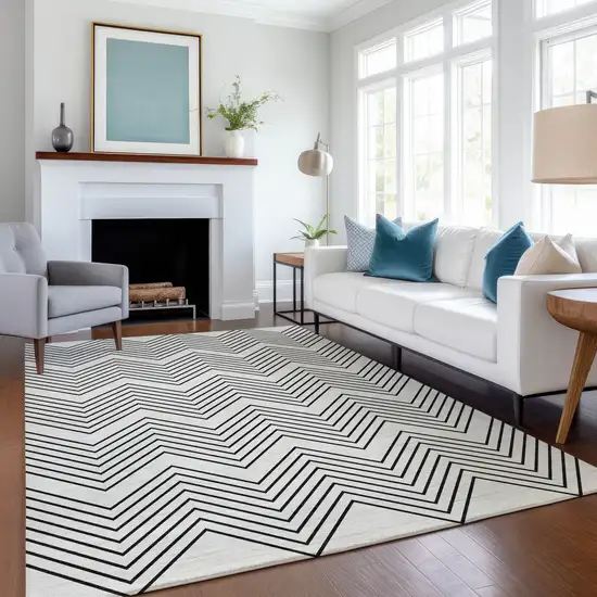 Ivory And Black Geometric Washable Indoor Outdoor Area Rug Photo 6