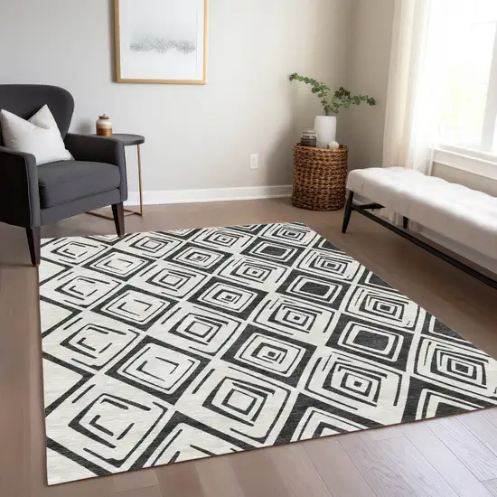 Ivory And Black Geometric Washable Indoor Outdoor Area Rug Photo 9