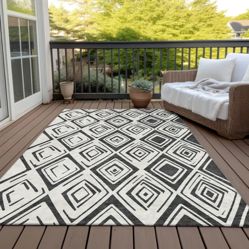 Ivory And Black Geometric Washable Indoor Outdoor Area Rug Photo 8