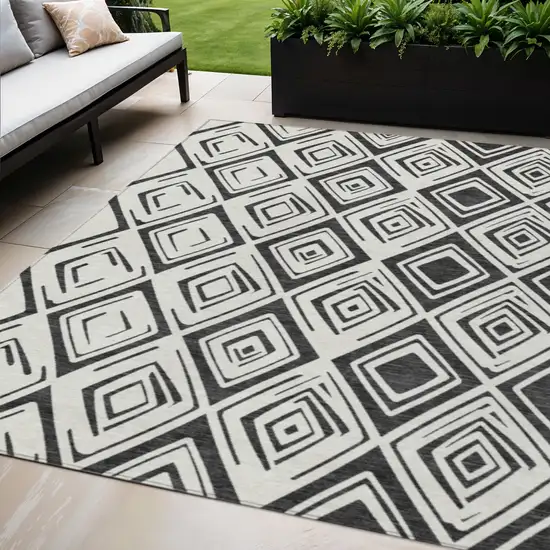 Ivory And Black Geometric Washable Indoor Outdoor Area Rug Photo 1