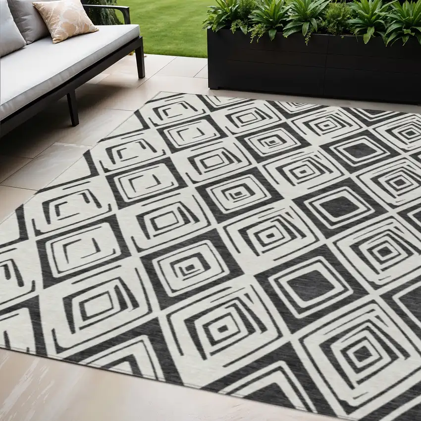 Ivory And Black Geometric Washable Indoor Outdoor Area Rug Photo 1