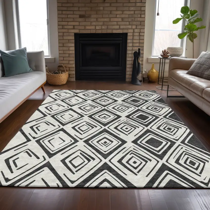 Ivory And Black Geometric Washable Indoor Outdoor Area Rug Photo 9