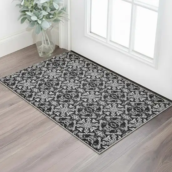 Ivory And Black Medallion Washable Area Rug With UV Protection Photo 2