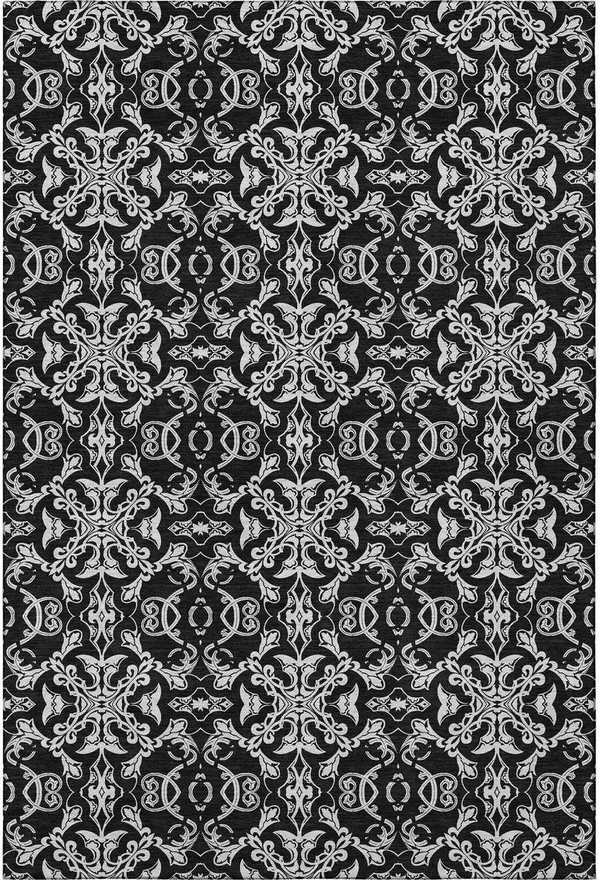 Ivory And Black Medallion Washable Area Rug With UV Protection Photo 4