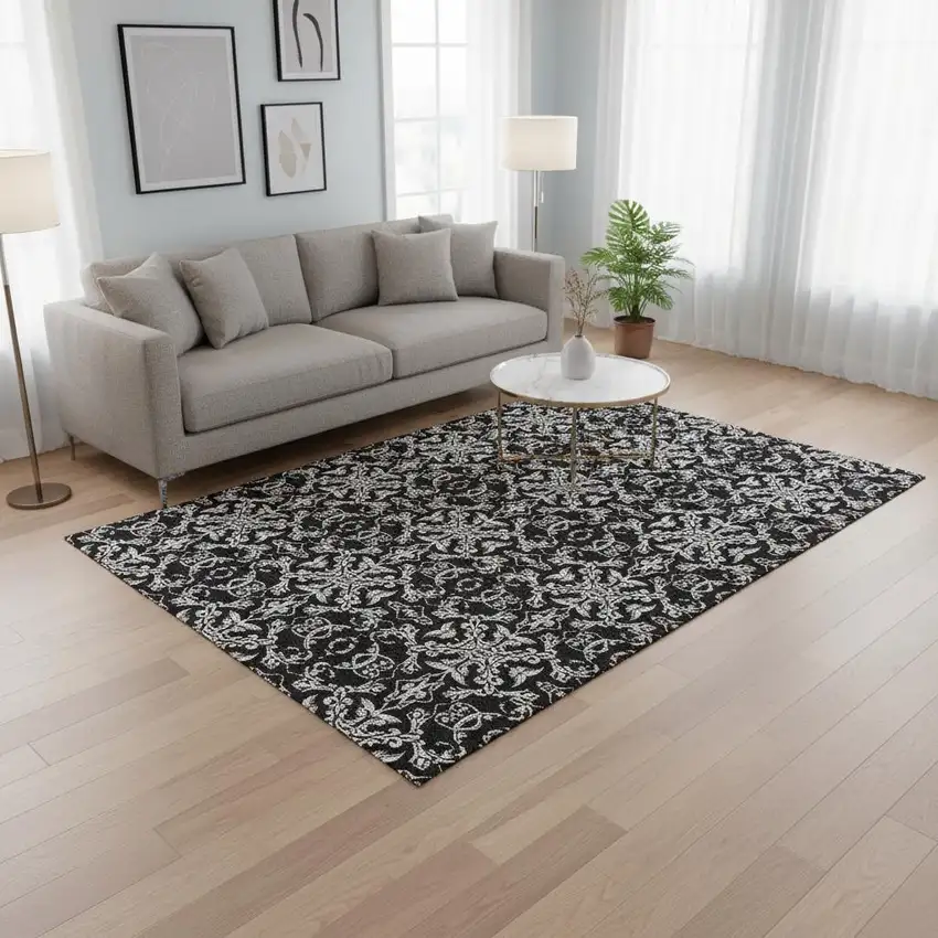 Ivory And Black Medallion Washable Area Rug With UV Protection Photo 2