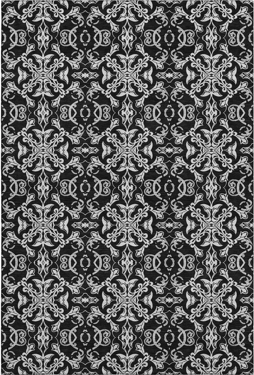 Ivory And Black Medallion Washable Area Rug With UV Protection Photo 1