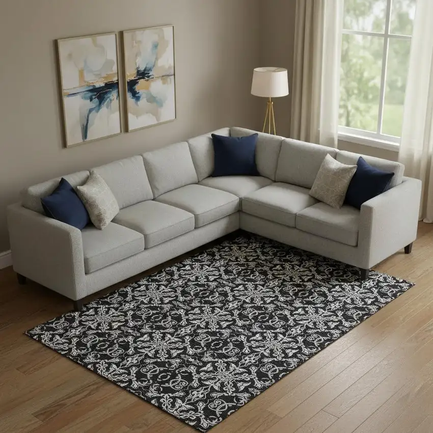 Ivory And Black Medallion Washable Area Rug With UV Protection Photo 1