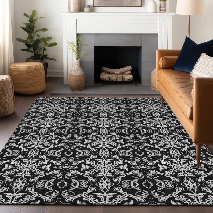 Ivory And Black Medallion Washable Area Rug With UV Protection Photo 6