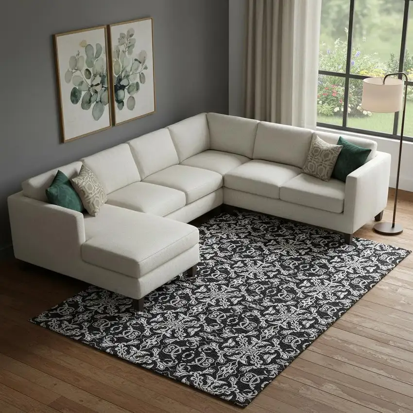 Ivory And Black Medallion Washable Area Rug With UV Protection Photo 1