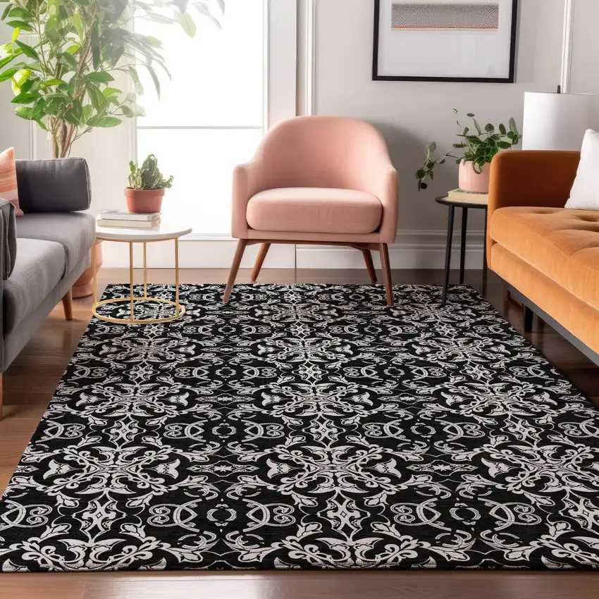 Ivory And Black Medallion Washable Area Rug With UV Protection Photo 5