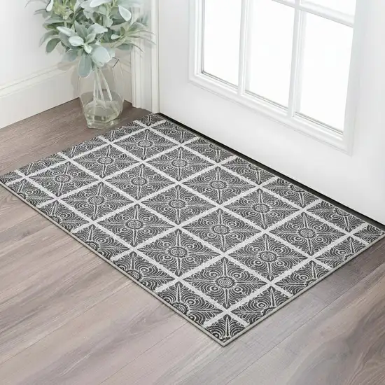 Ivory And Black Medallion Washable Area Rug With UV Protection Photo 2