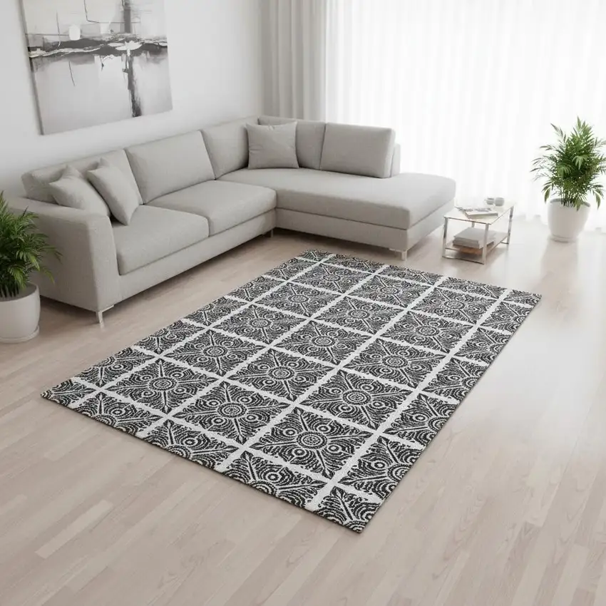 Ivory And Black Medallion Washable Area Rug With UV Protection Photo 2