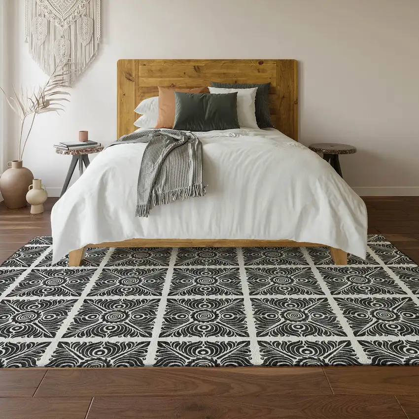 Ivory And Black Medallion Washable Area Rug With UV Protection Photo 5