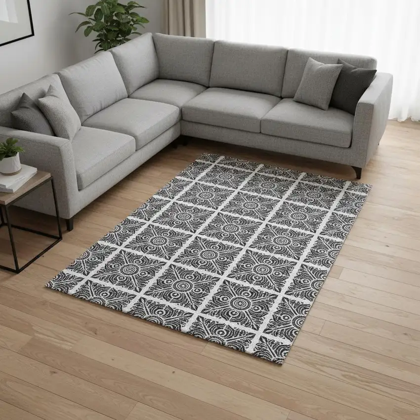 Ivory And Black Medallion Washable Area Rug With UV Protection Photo 2