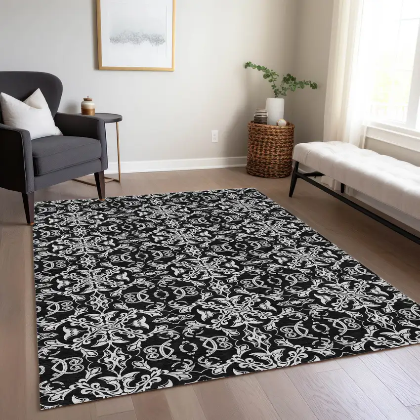 Ivory And Black Medallion Washable Indoor Outdoor Area Rug Photo 9