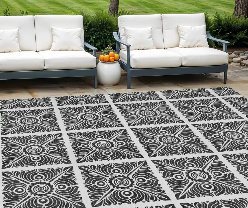 Ivory And Black Medallion Washable Indoor Outdoor Area Rug Photo 1