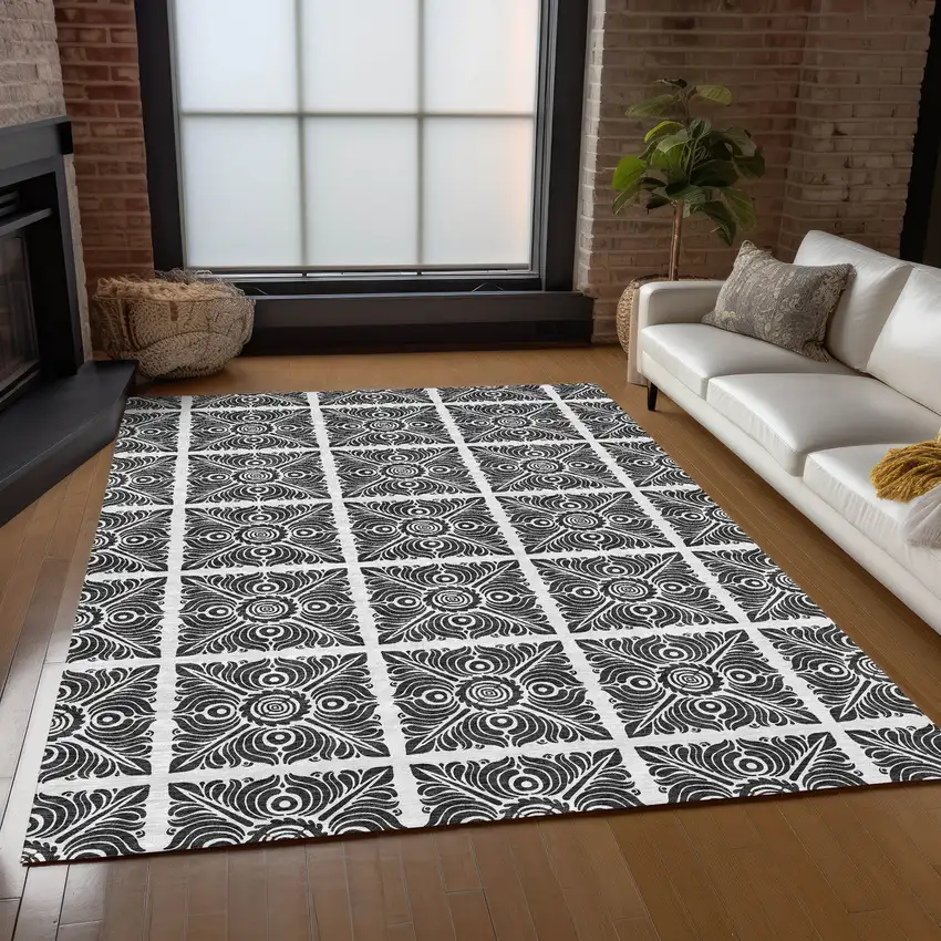Ivory And Black Medallion Washable Indoor Outdoor Area Rug Photo 8