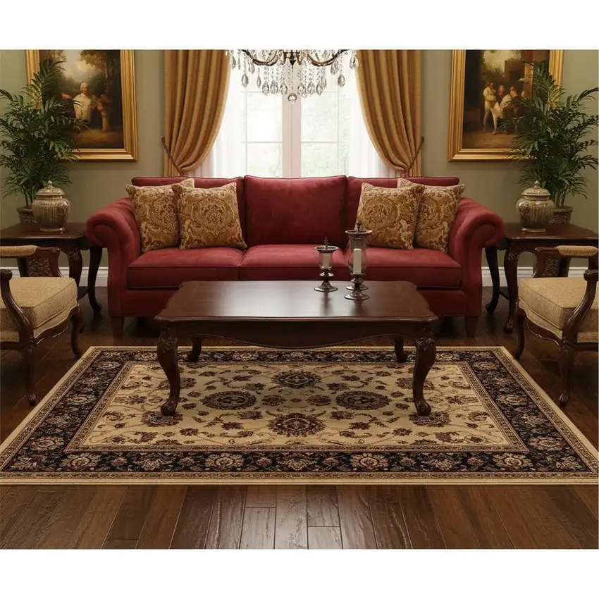 Ivory And Black Oriental Area Rug Photo 1