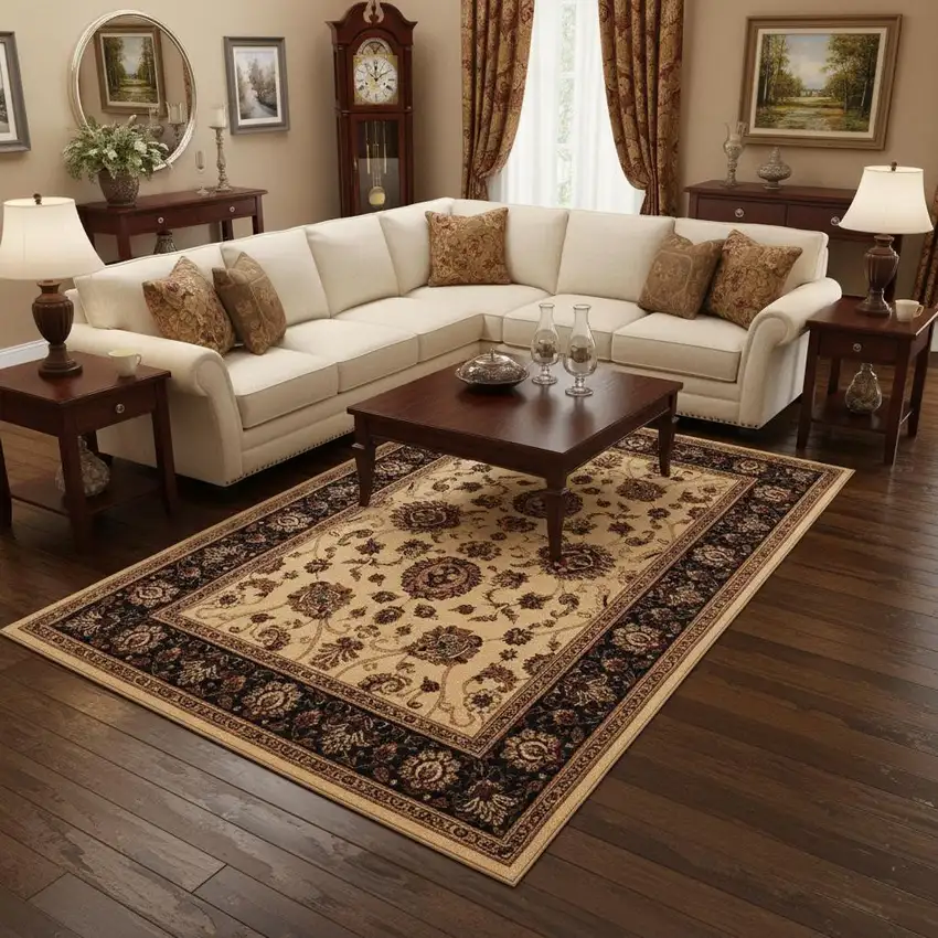 Ivory And Black Oriental Area Rug Photo 1