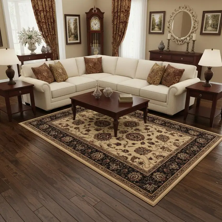 Ivory And Black Oriental Area Rug Photo 1