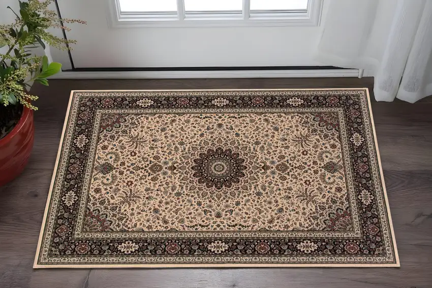 Ivory And Black Oriental Area Rug Photo 1