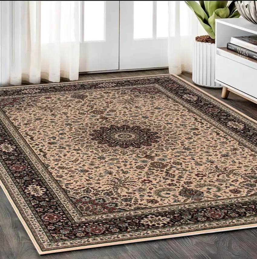 Ivory And Black Oriental Area Rug Photo 1