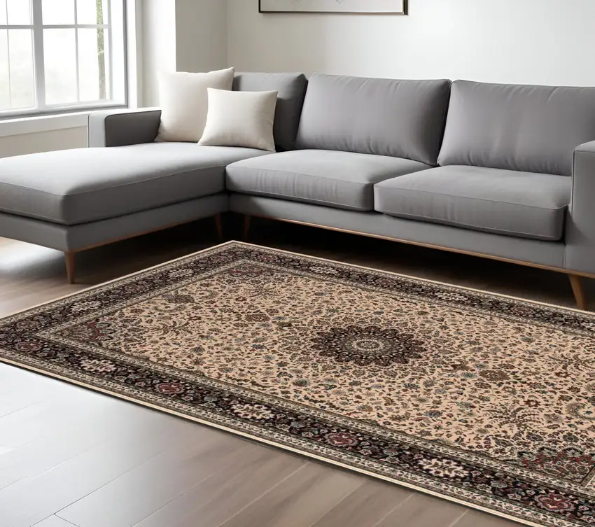 Ivory And Black Oriental Area Rug Photo 1