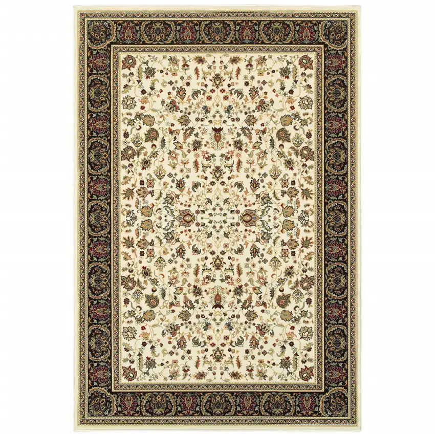 Ivory And Black Oriental Power Loom Stain Resistant Area Rug Photo 1