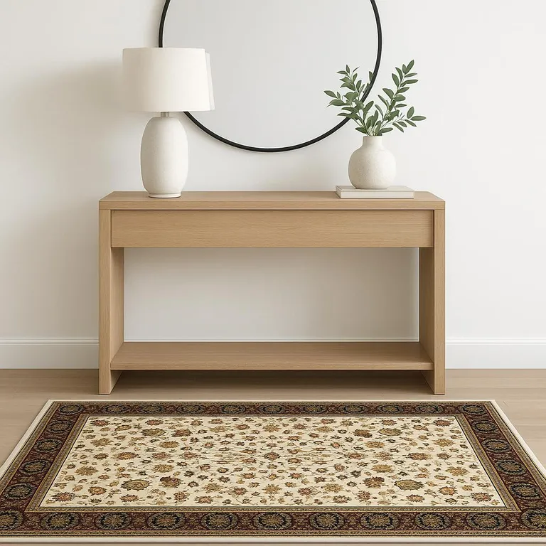 Ivory And Black Oriental Power Loom Stain Resistant Area Rug Photo 5