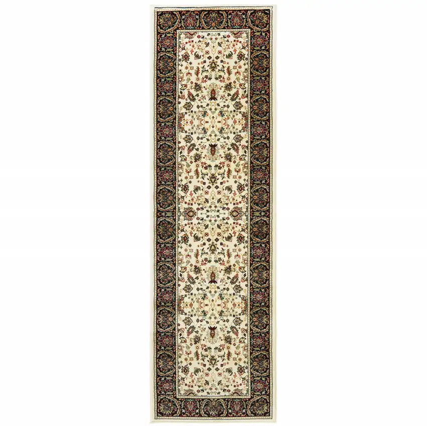 Ivory And Black Oriental Power Loom Stain Resistant Runner Rug Photo 1