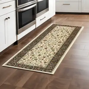 Photo of Ivory And Black Oriental Power Loom Stain Resistant Runner Rug