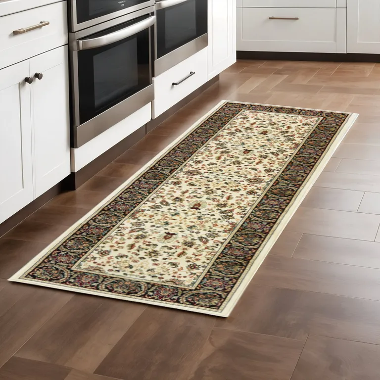 Ivory And Black Oriental Power Loom Stain Resistant Runner Rug Photo 4