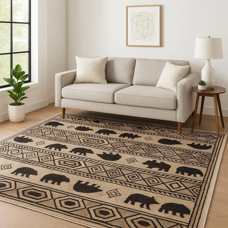 Ivory And Black Southwestern Power Loom Stain Resistant Area Rug Photo 5