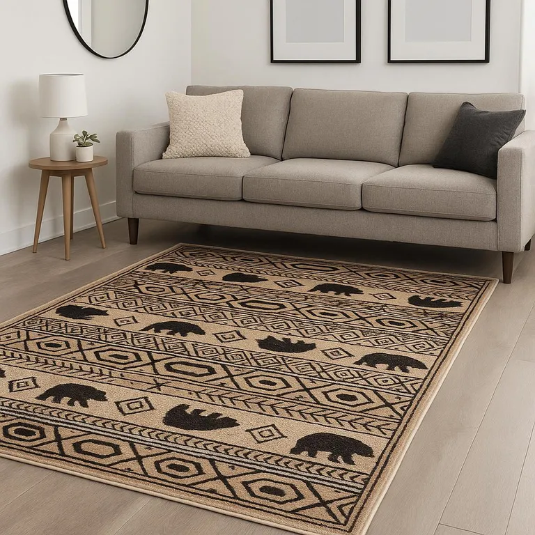 Ivory And Black Southwestern Power Loom Stain Resistant Area Rug Photo 5