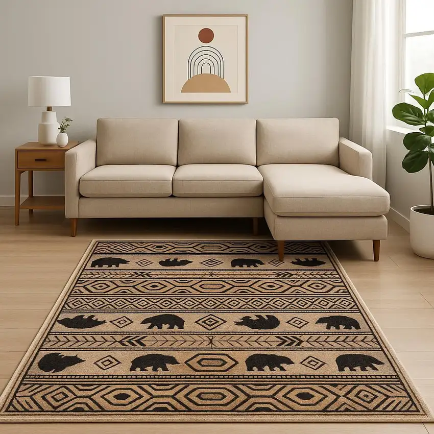 Ivory And Black Southwestern Power Loom Stain Resistant Area Rug Photo 1