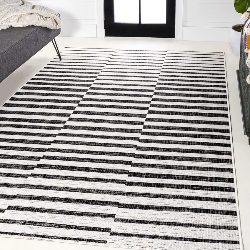 Ivory And Black Striped Indoor Outdoor Area Rug Photo 7