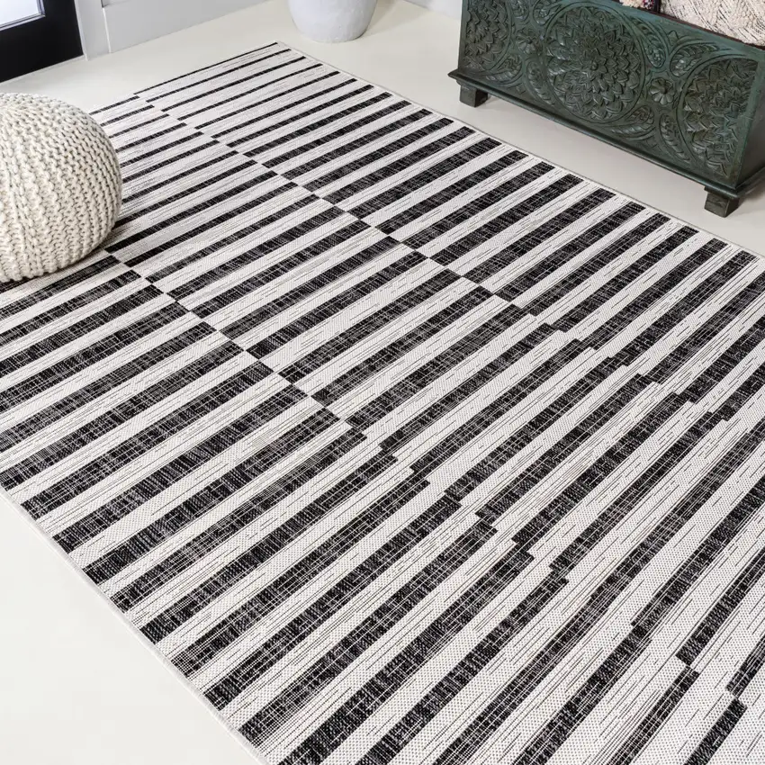 Ivory And Black Striped Indoor Outdoor Area Rug Photo 7