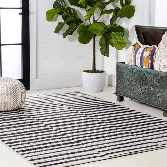 Ivory And Black Striped Indoor Outdoor Area Rug Photo 8
