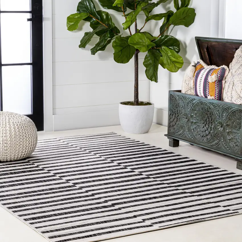 Ivory And Black Striped Indoor Outdoor Area Rug Photo 9