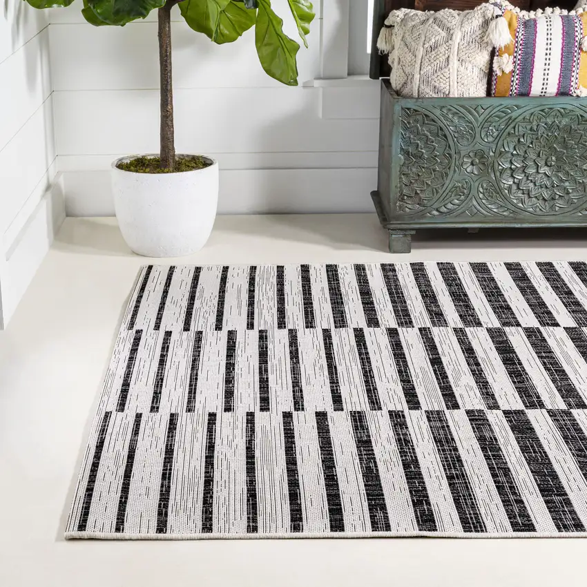Ivory And Black Striped Indoor Outdoor Area Rug Photo 7