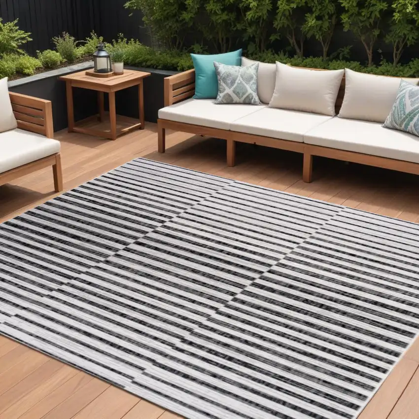 Ivory And Black Striped Indoor Outdoor Area Rug Photo 1