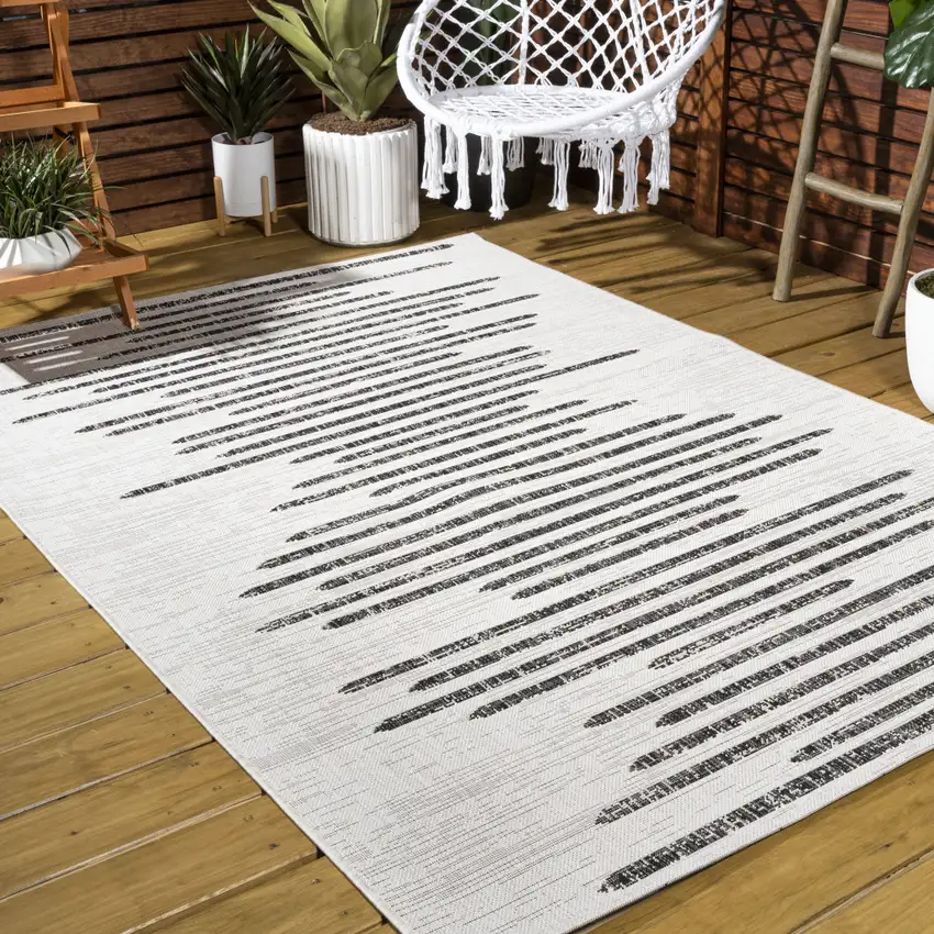 Ivory And Black Striped Indoor Outdoor Area Rug Photo 7