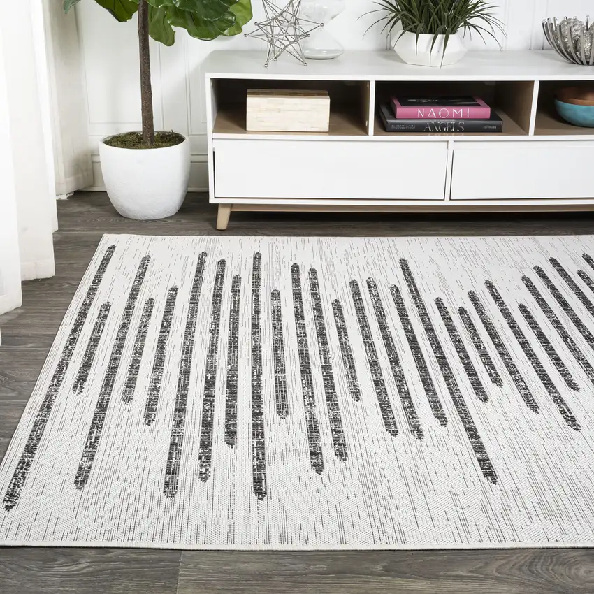 Ivory And Black Striped Indoor Outdoor Area Rug Photo 4