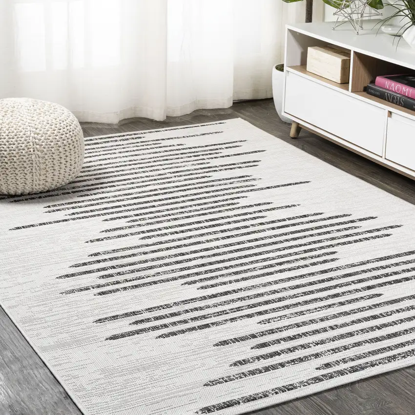 Ivory And Black Striped Indoor Outdoor Area Rug Photo 3